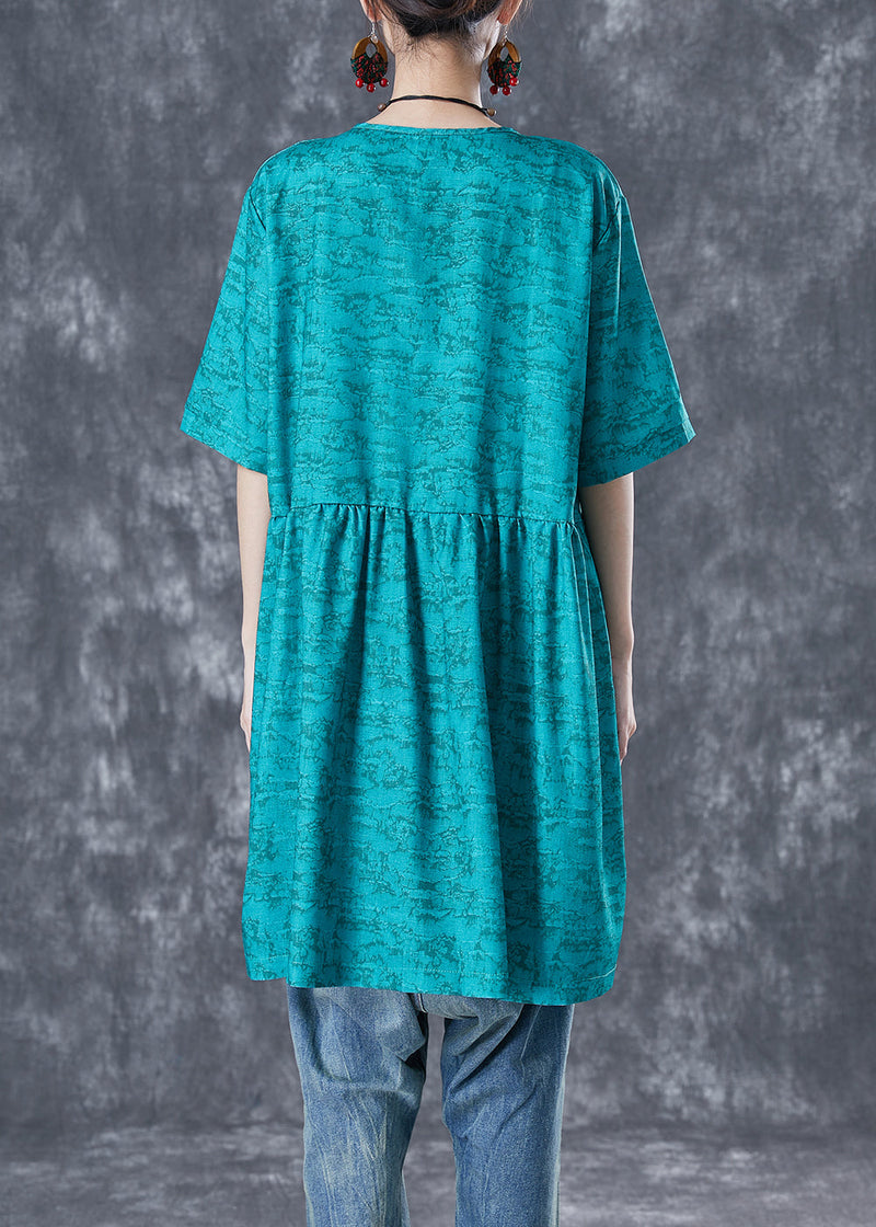 French Blue O-neck Print Pockets Cotton Holiday Dress Summer