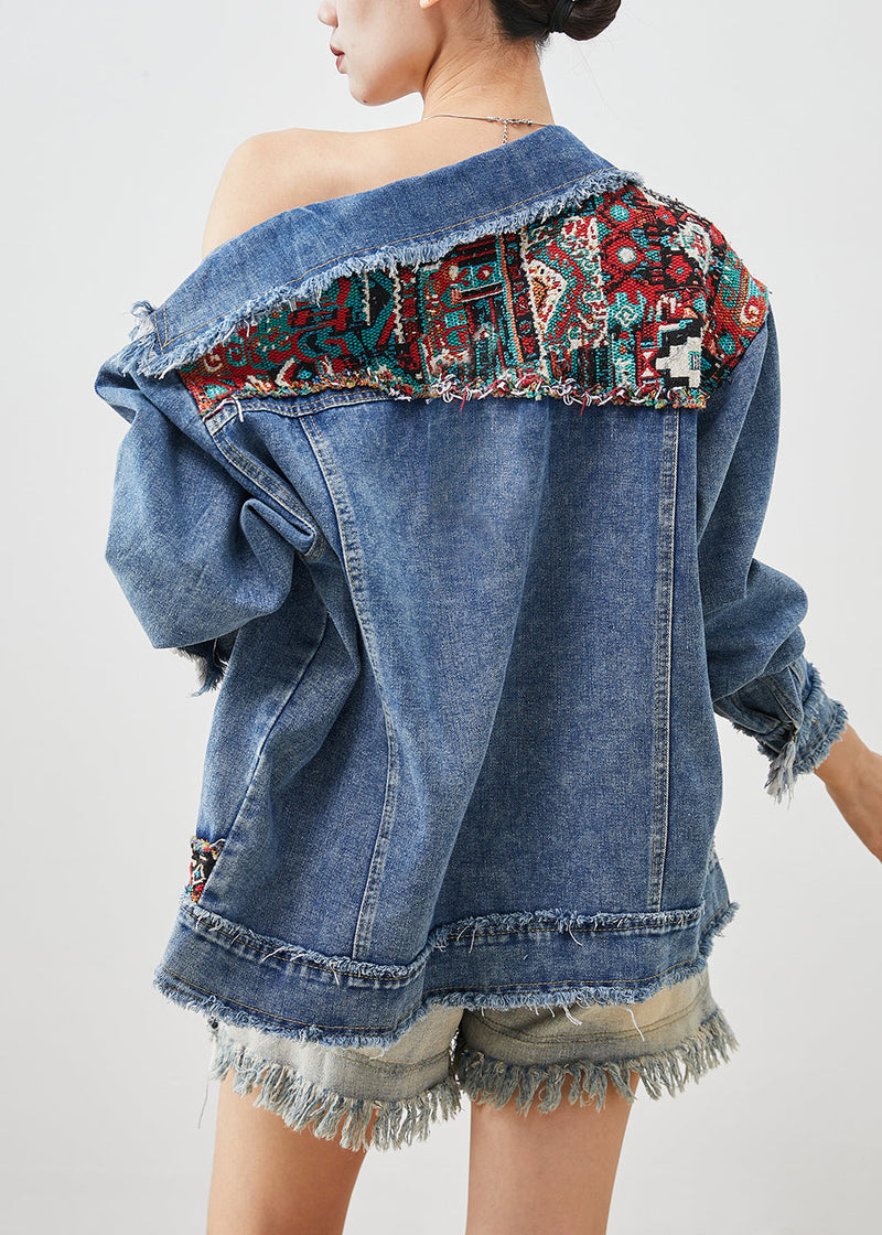 French Blue Oversized Patchwork Applique Denim Coats Spring