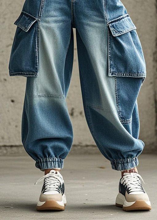 French Blue Oversized Pockets Denim Harem Pants Trousers Spring