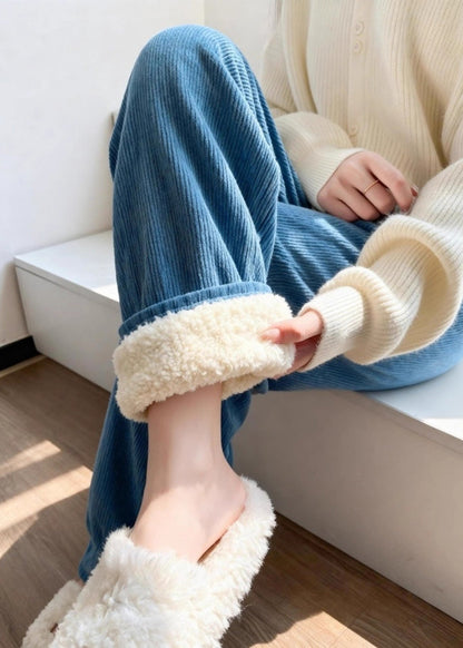 French Blue Patchwork High Waist Corduroy Wide Leg Fleece Pants Winter