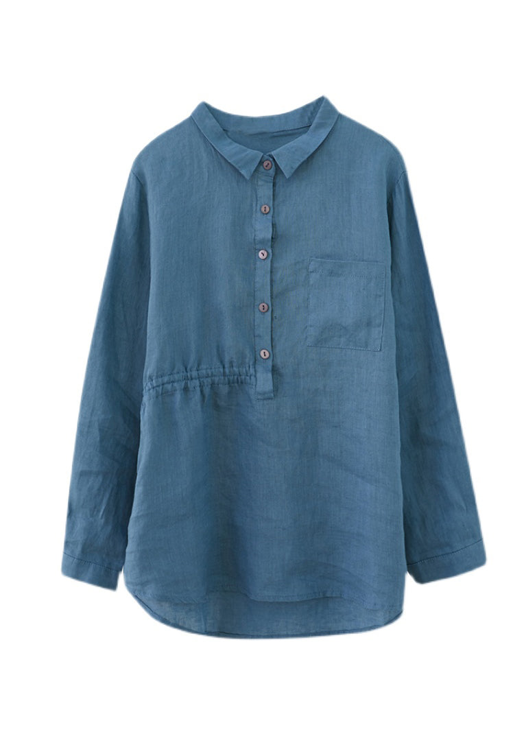 French Blue Peter Pan Collar Buttton Drawstring Cotton Shirts Long Sleeve
