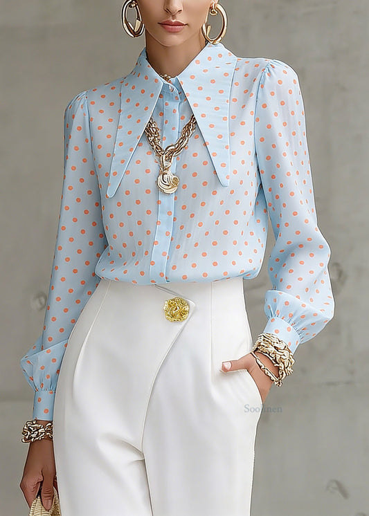 French Blue Peter Pan Collar Dot Print Shirt Lantern Sleeve