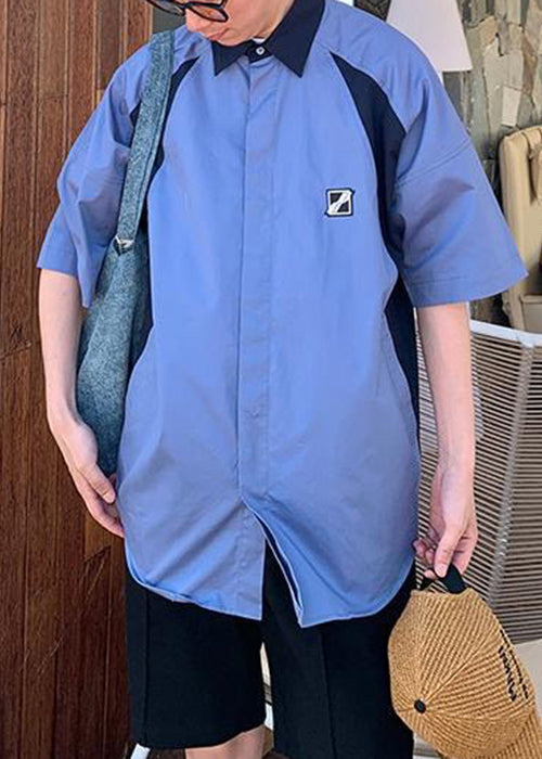 French Blue Peter Pan Collar Patchwork Cotton Shirts Half Sleeve