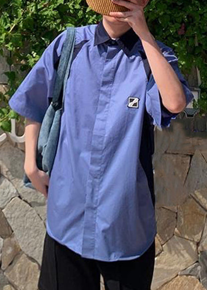 French Blue Peter Pan Collar Patchwork Cotton Shirts Half Sleeve
