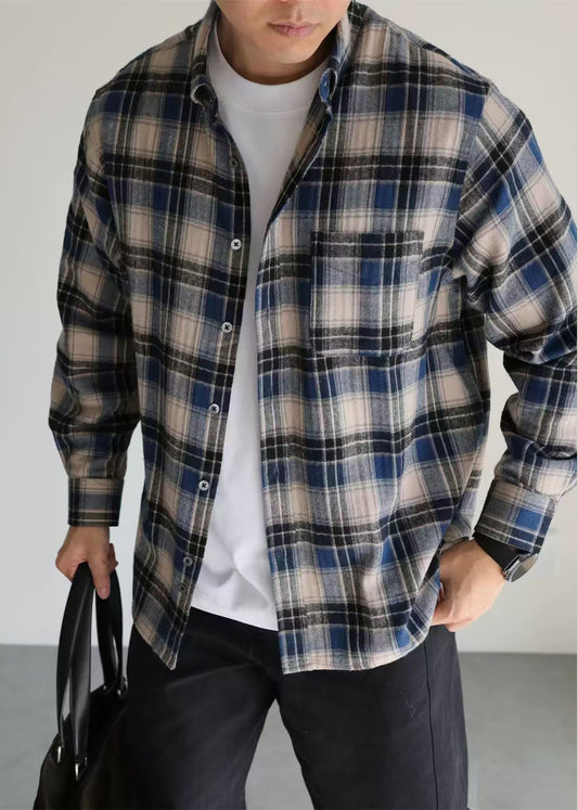 French Blue Peter Pan Collar Plaid Button Cotton Shirt Men Fall