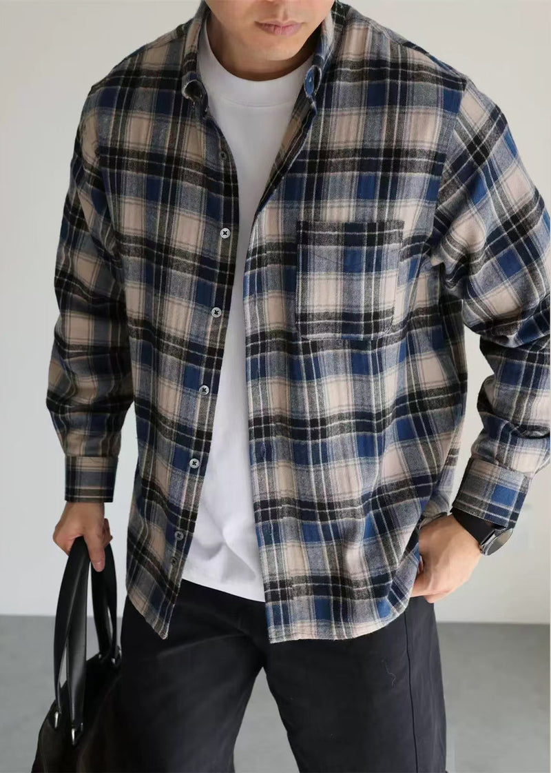 French Blue Peter Pan Collar Plaid Button Cotton Shirt Fall