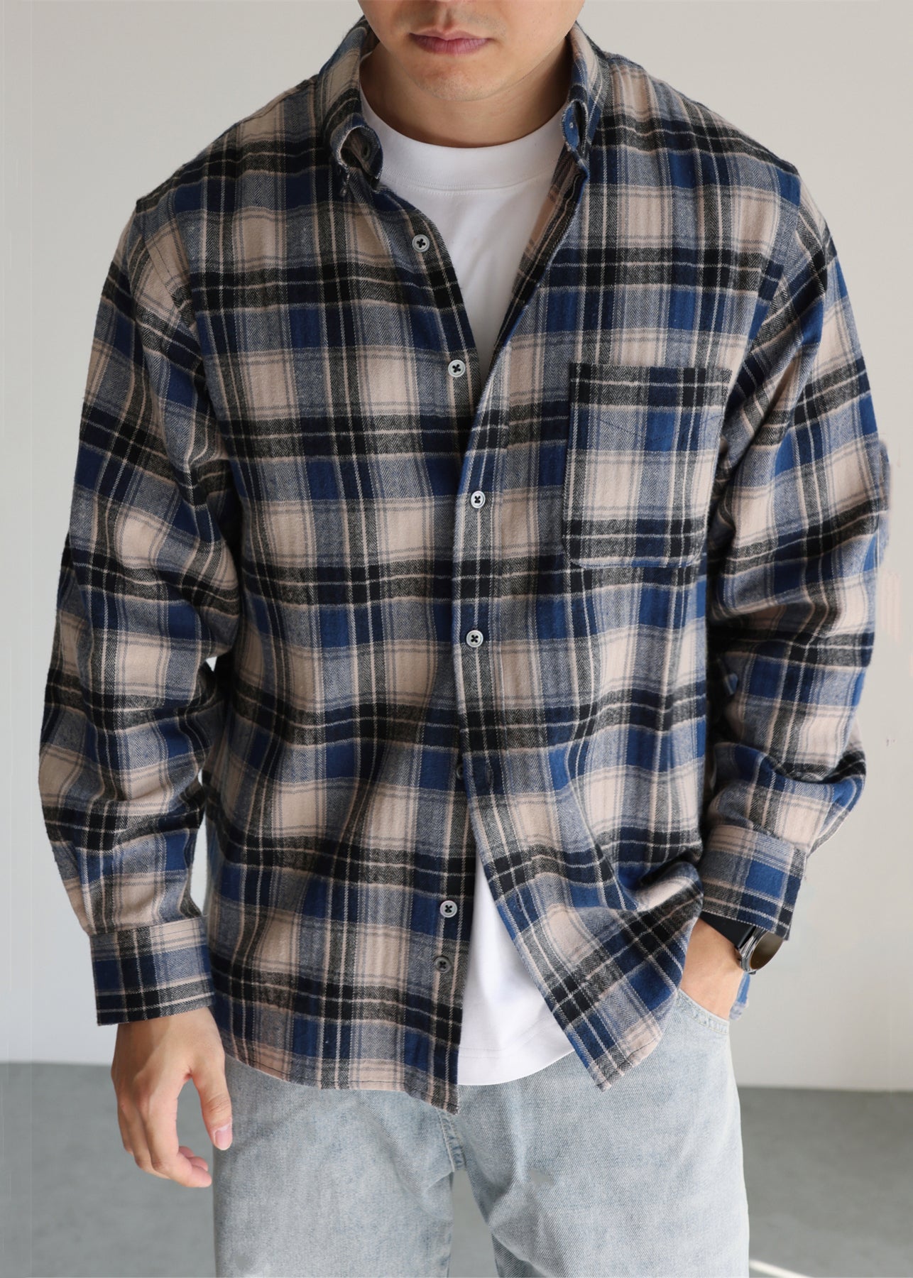 French Blue Peter Pan Collar Plaid Button Cotton Shirt Men Fall