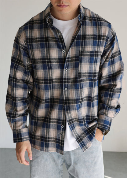 French Blue Peter Pan Collar Plaid Button Cotton Shirt Men Fall