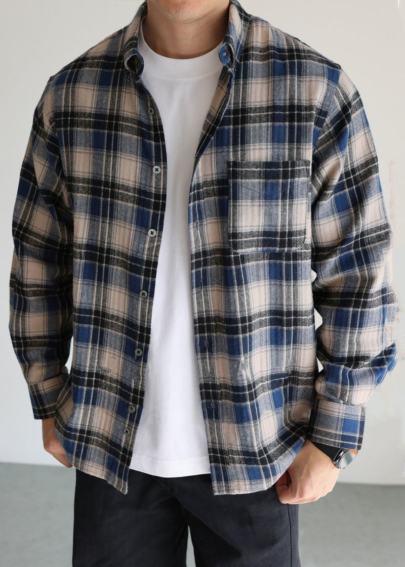 French Blue Peter Pan Collar Plaid Button Cotton Shirt Fall
