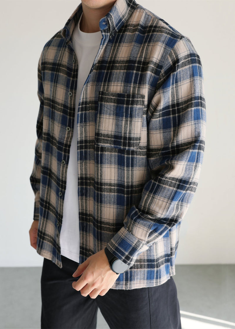 French Blue Peter Pan Collar Plaid Button Cotton Shirt Fall