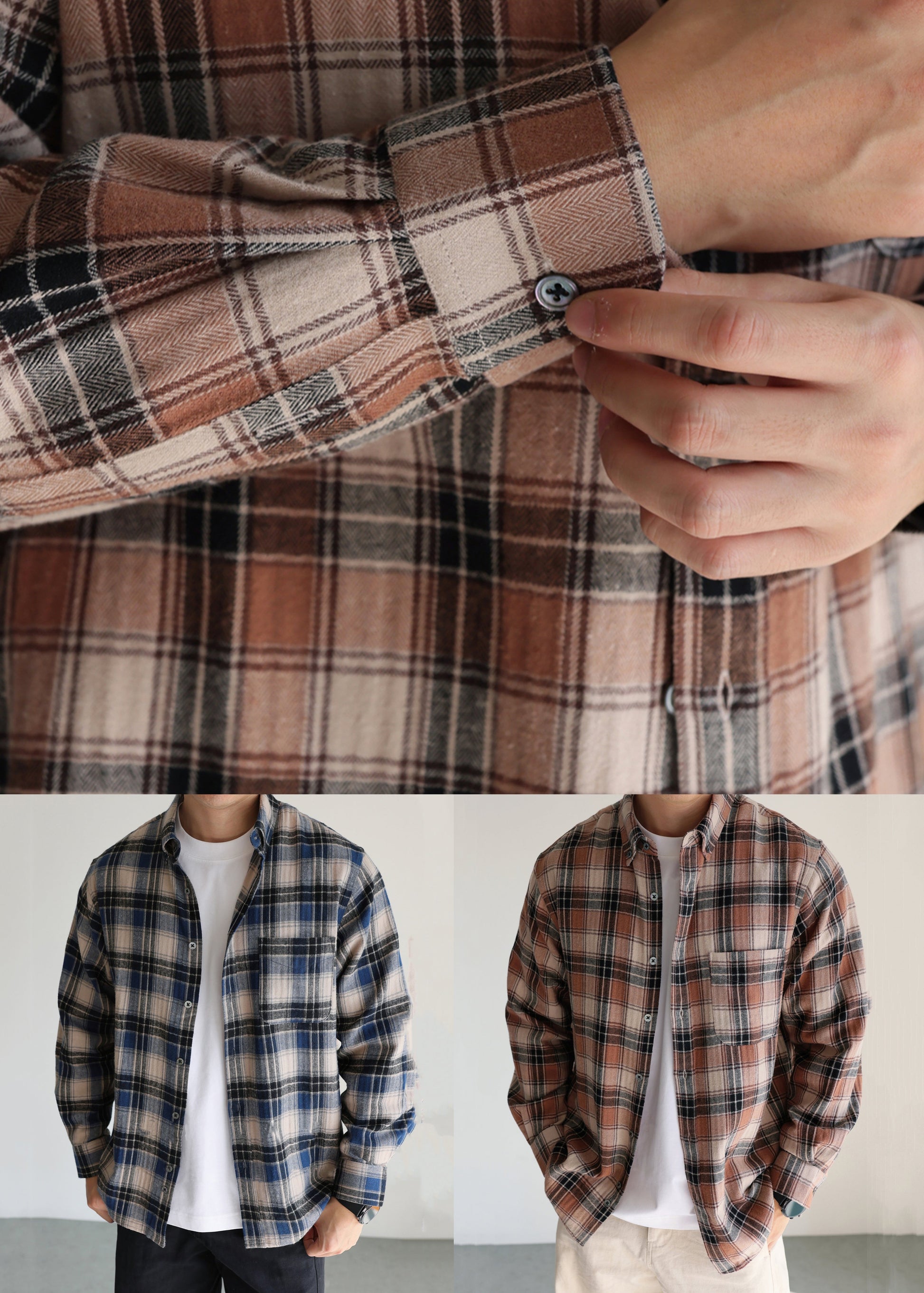French Blue Peter Pan Collar Plaid Button Cotton Shirt Men Fall