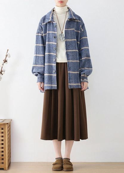 French Blue Peter Pan Collar Plaid Button Woolen Coats Fall
