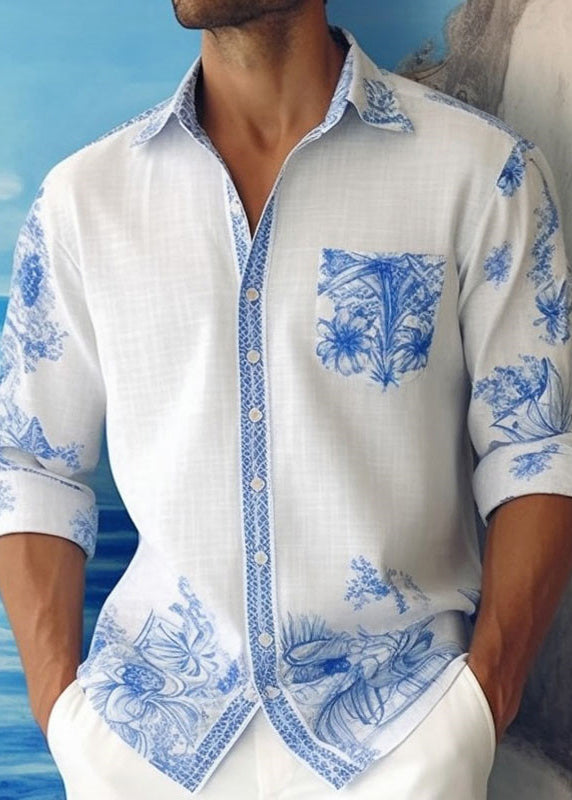 French Blue Peter Pan Collar Print Cotton Shirts Fall