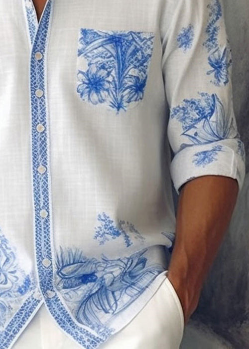 French Blue Peter Pan Collar Print Cotton Shirts Fall