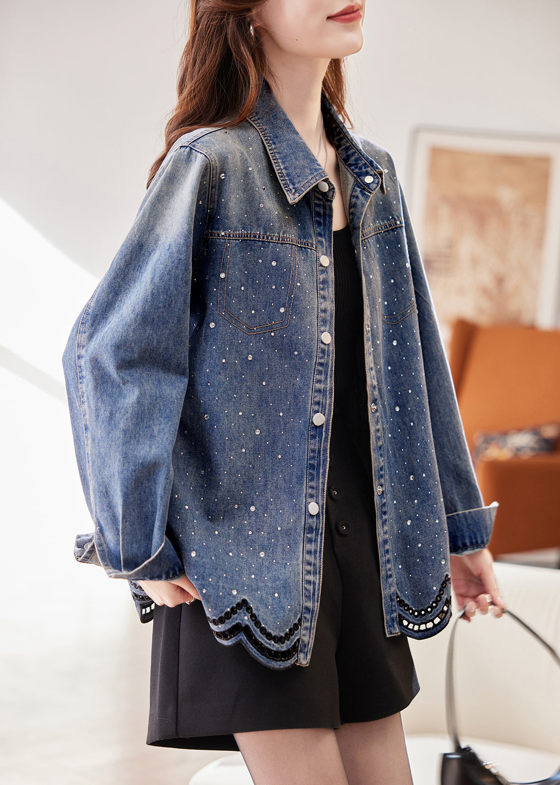 French Blue Peter Pan Collar Zircon Hollow Out Denim Coats Spring