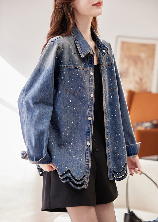 French Blue Peter Pan Collar Zircon Hollow Out Denim Coats Spring