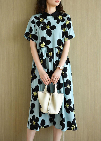 French Blue Peterpan Collar Button Summer Print Short Sleeve Dress