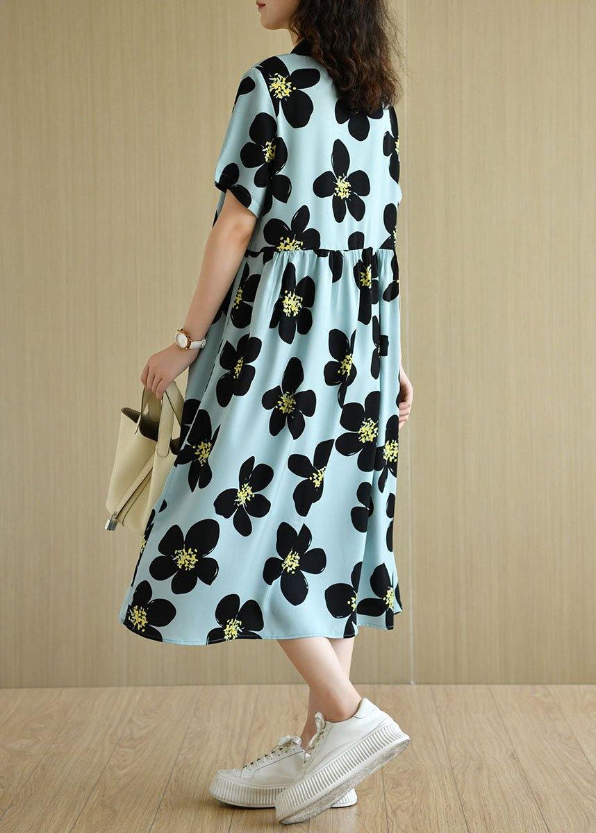 French Blue Peterpan Collar Button Summer Print Short Sleeve Dress