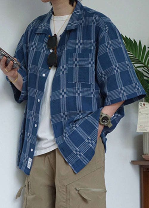 French Blue Plaid Button Cotton Shirts Summer
