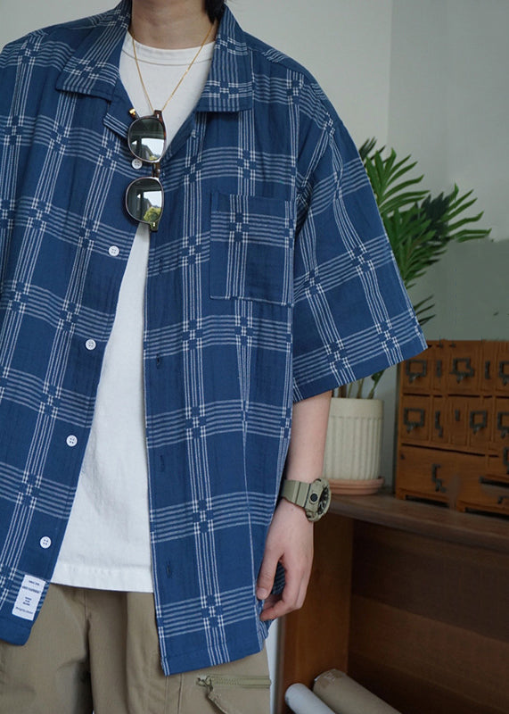 French Blue Plaid Button Cotton Shirts Summer
