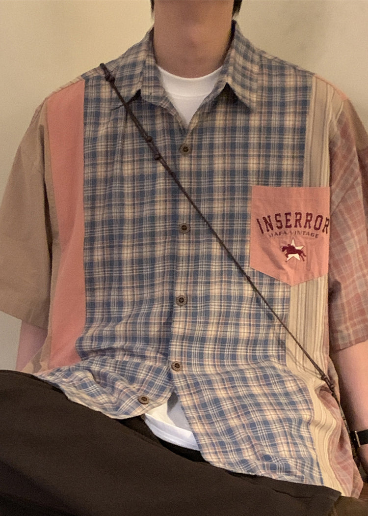 French Blue Plaid Oversized Patchwork Cotton Shirt Summer