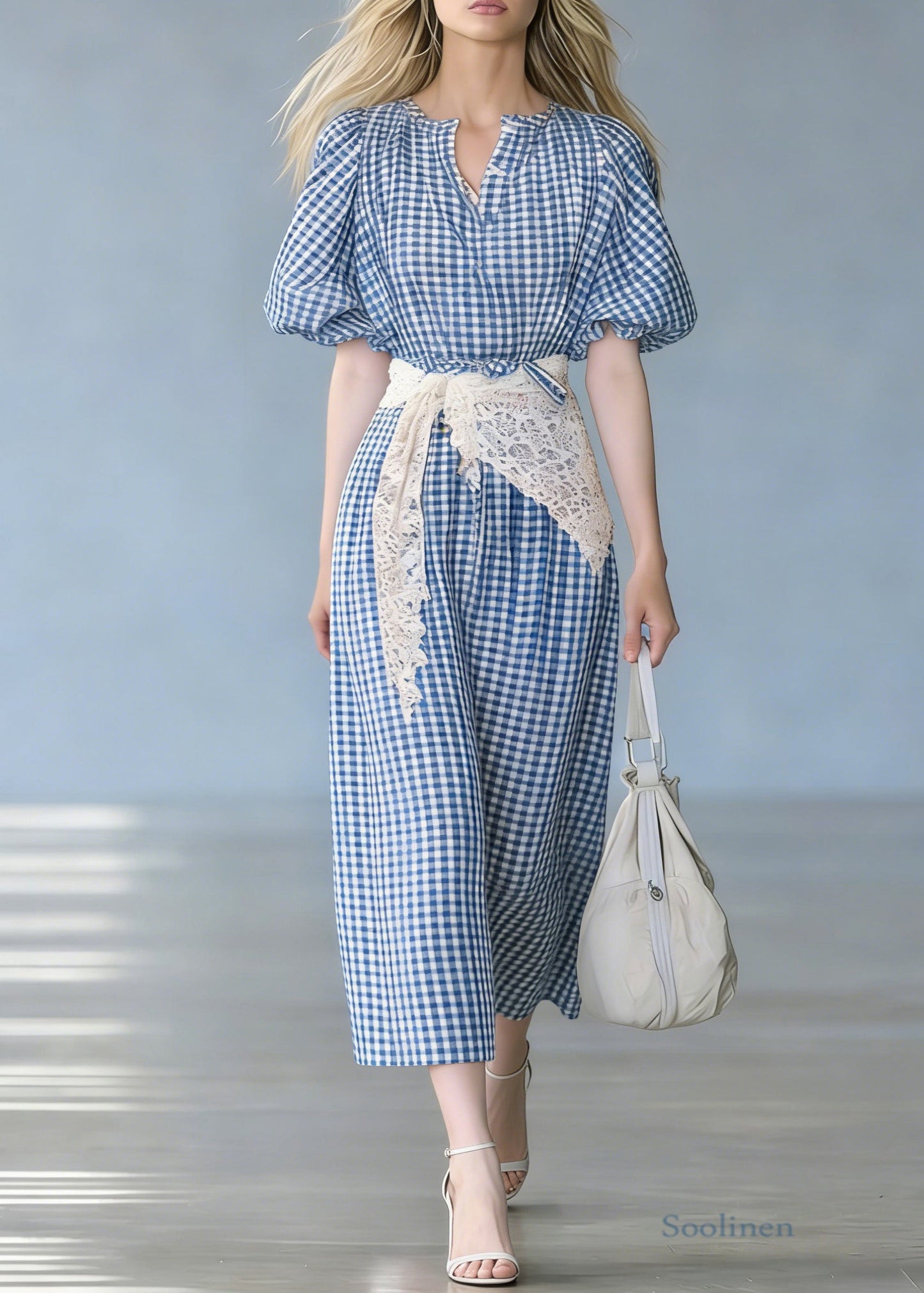 French Blue Plaid Tie Waist Cotton Long Dresses Puff Sleeve