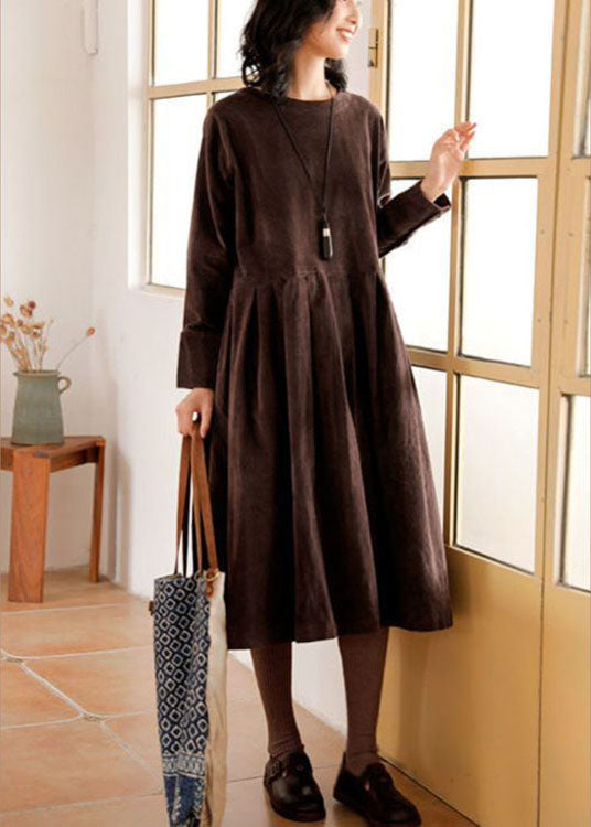 French Green Corduroy Dress Pockets Button Patchwork Fall Dresses