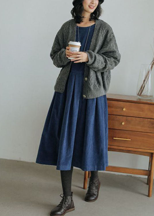 French Green Corduroy Dress Pockets Button Patchwork Fall Dresses