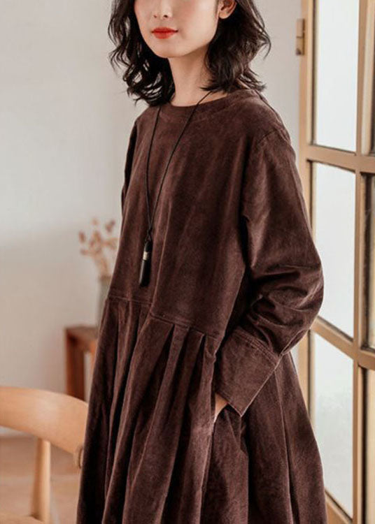French Green Corduroy Dress Pockets Button Patchwork Fall Dresses