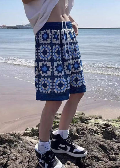 French Blue Pockets Elastic Waist Cotton Shorts Summer