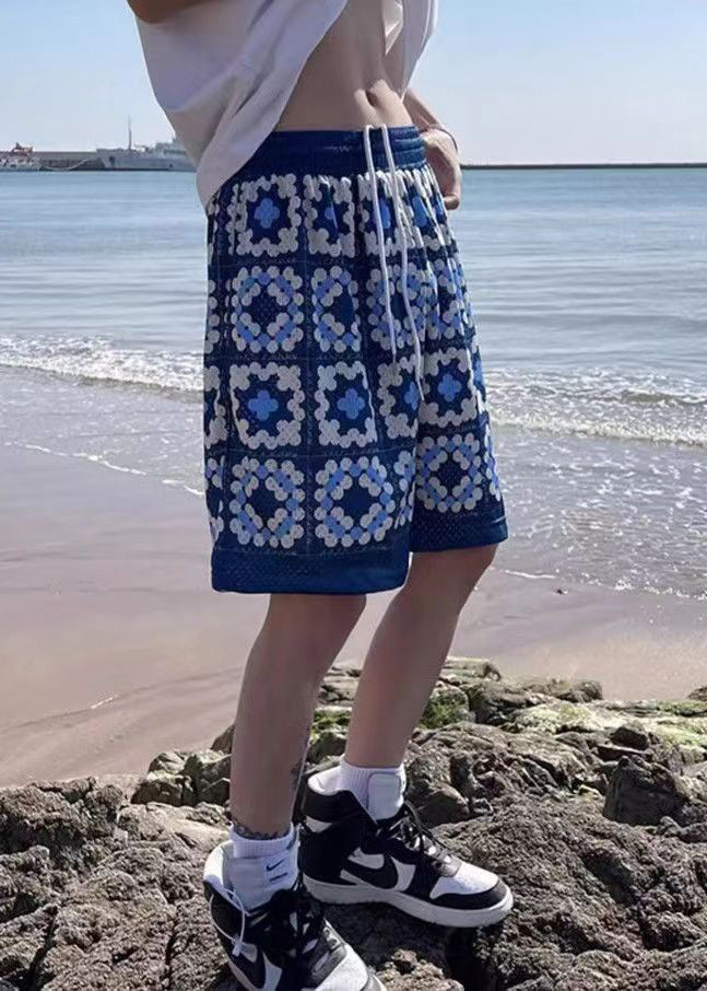 French Blue Pockets Elastic Waist Cotton Shorts Summer