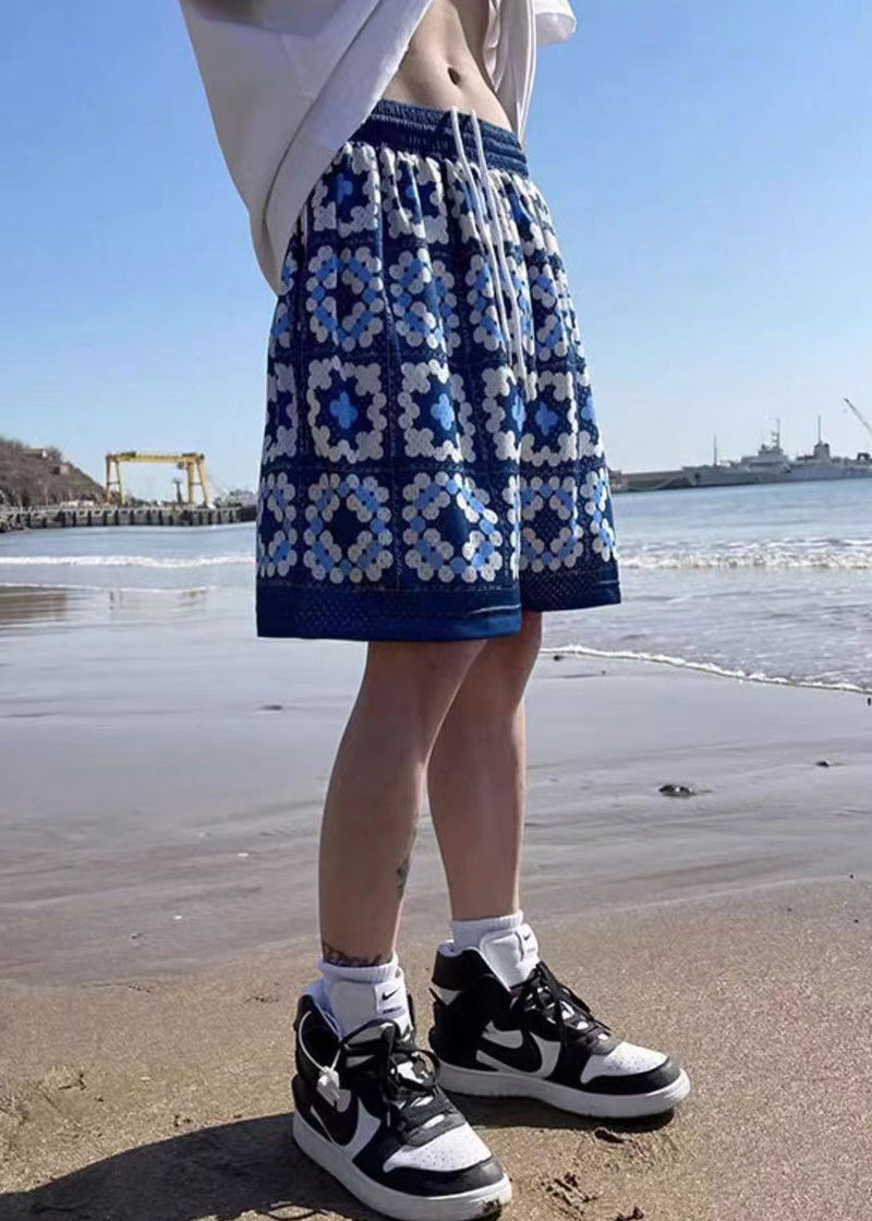 French Blue Pockets Elastic Waist Cotton Shorts Summer