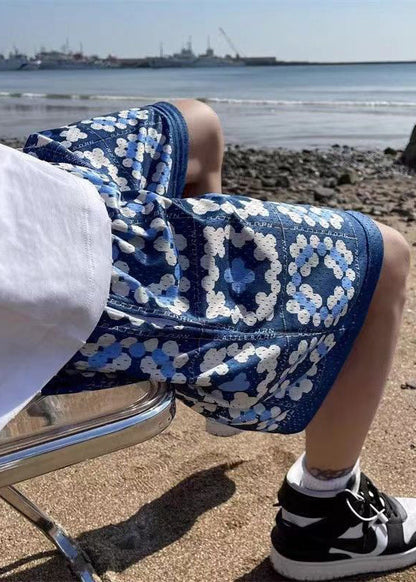 French Blue Pockets Elastic Waist Cotton Shorts Summer