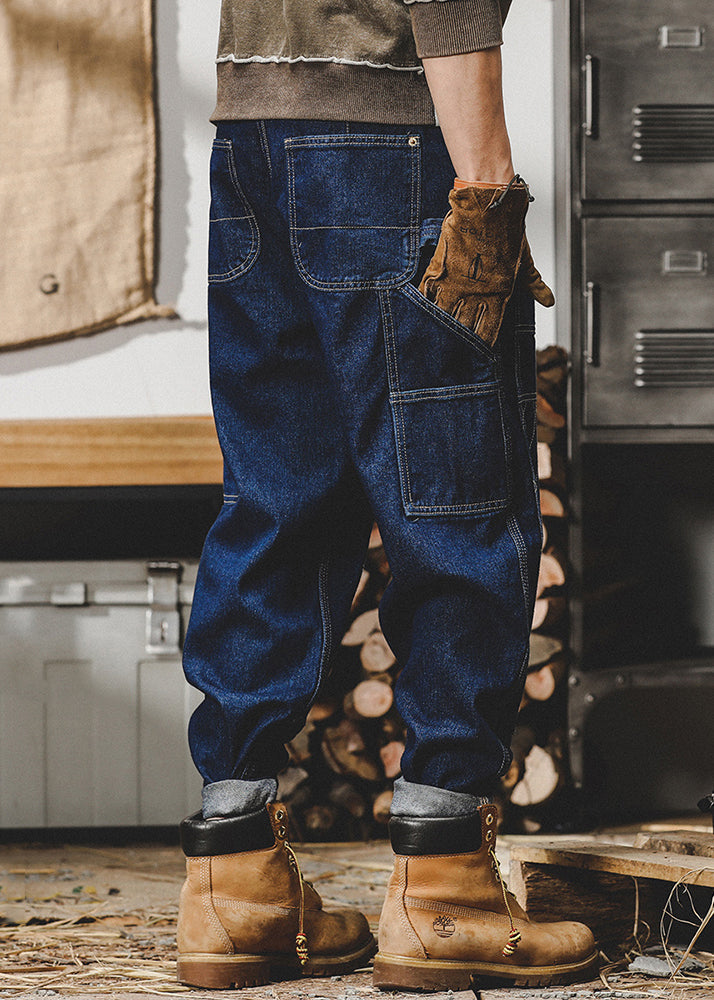 French Blue Pockets High Waist Denim Harem Pants Spring