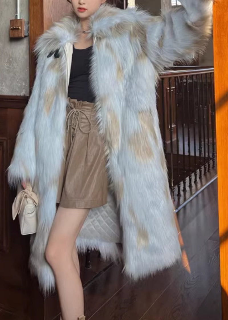 French Blue Pockets Leather and Fur Maxi Coats Spring