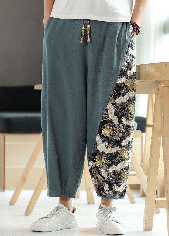 French Blue Print Elastic Waist Patchwork Cotton Crop Pants Summer