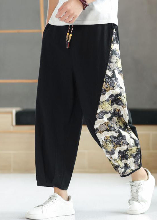 French Blue Print Elastic Waist Patchwork Cotton Crop Pants Summer