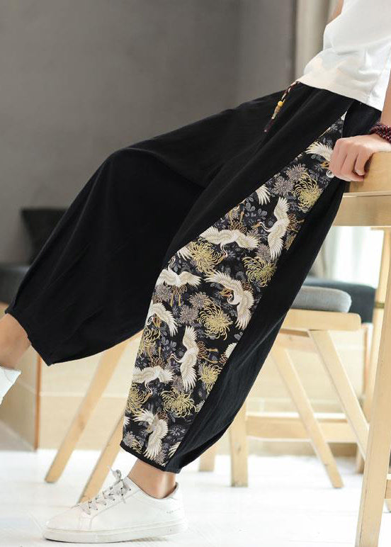 French Blue Print Elastic Waist Patchwork Cotton Crop Pants Summer
