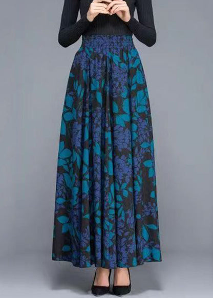 French Blue Print Pockets Elastic Waist Cotton Skirt Fall