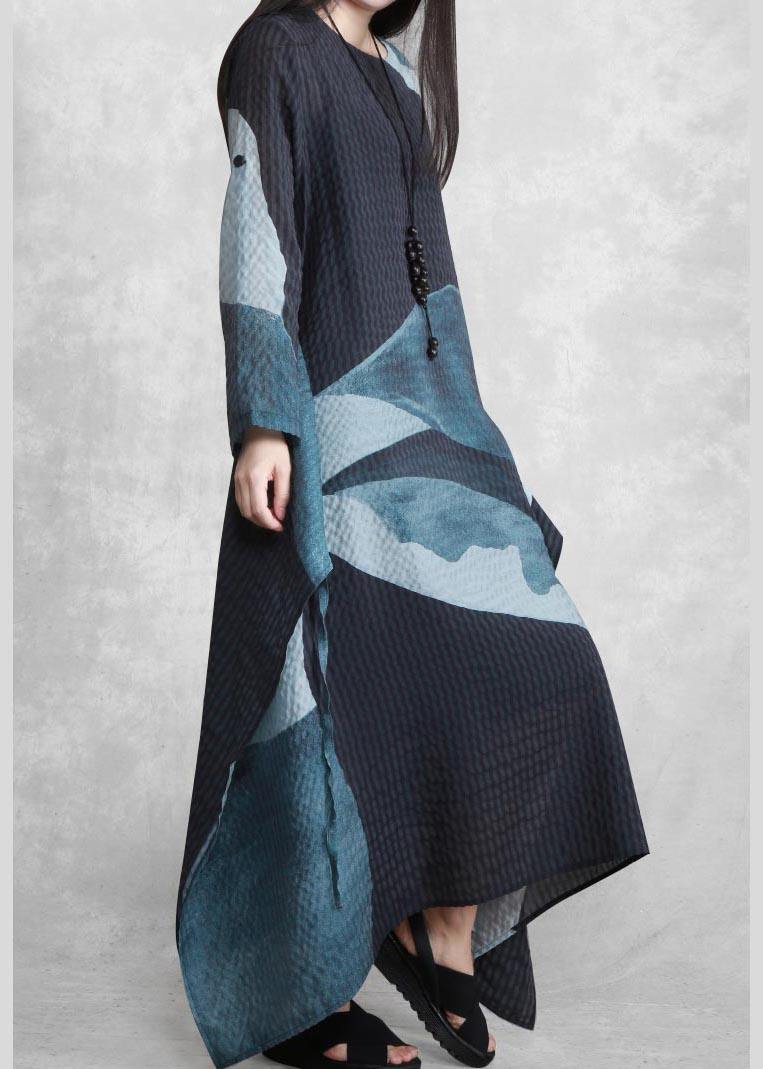 French Blue Print Quilting Clothes V Neck Asymmetric Spring Dress