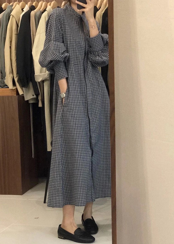 French Blue Puff Sleeve Plaid Shirts Dress
