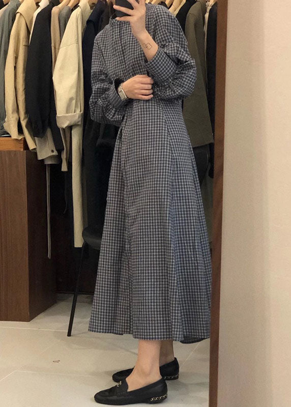 French Blue Puff Sleeve Plaid Shirts Dress