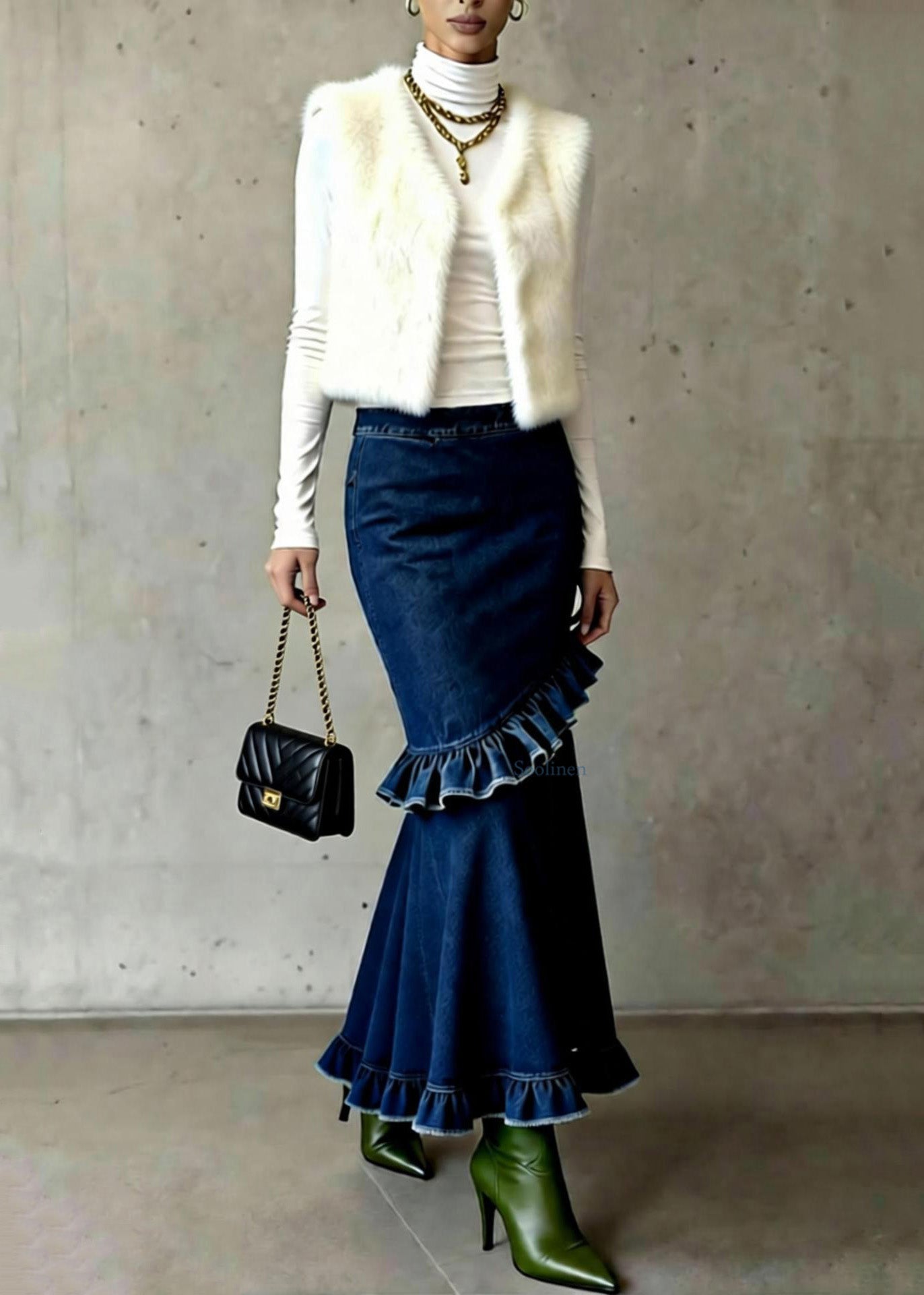 French Blue Ruffled Patchwork High Waist Denim Skirts Spring