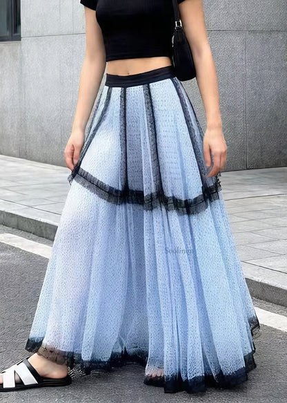 French Blue Ruffled Patchwork Tulle Skirts Summer