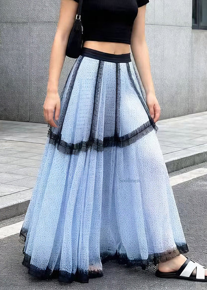 French Blue Ruffled Patchwork Tulle Skirts Summer