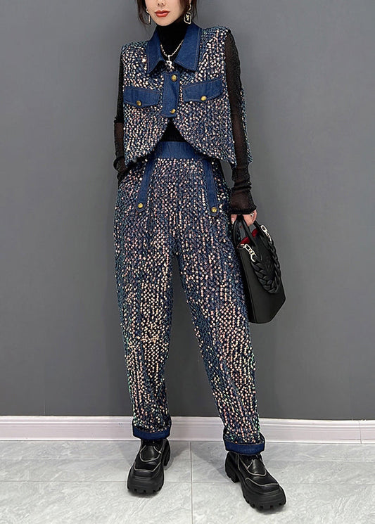 French Blue Sequins Tops and Pants Denim Two Piece Suit Set Fall