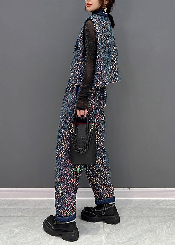 French Blue Sequins Tops and Pants Denim Two Piece Suit Set Fall