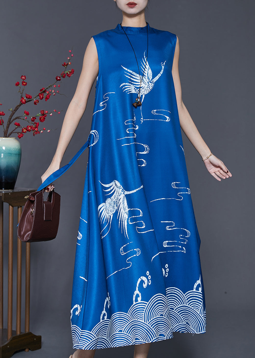 French Blue Stand Collar Print Cotton a Line Dress Sleeveless
