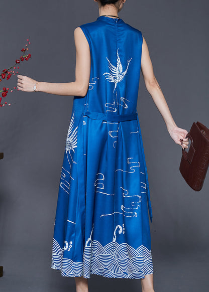 French Blue Stand Collar Print Cotton a Line Dress Sleeveless