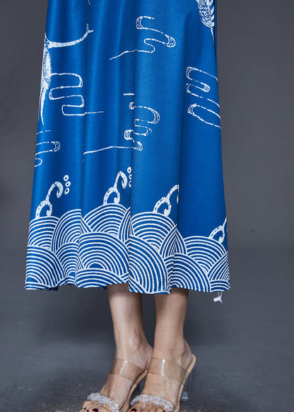 French Blue Stand Collar Print Cotton a Line Dress Sleeveless